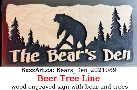 wood engraved sign with bear and trees